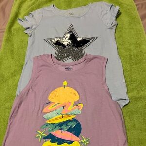 Lot of 2 T-shirts: Old Navy Lavender w/ Surf Burger & Justice Blue Sequin Star